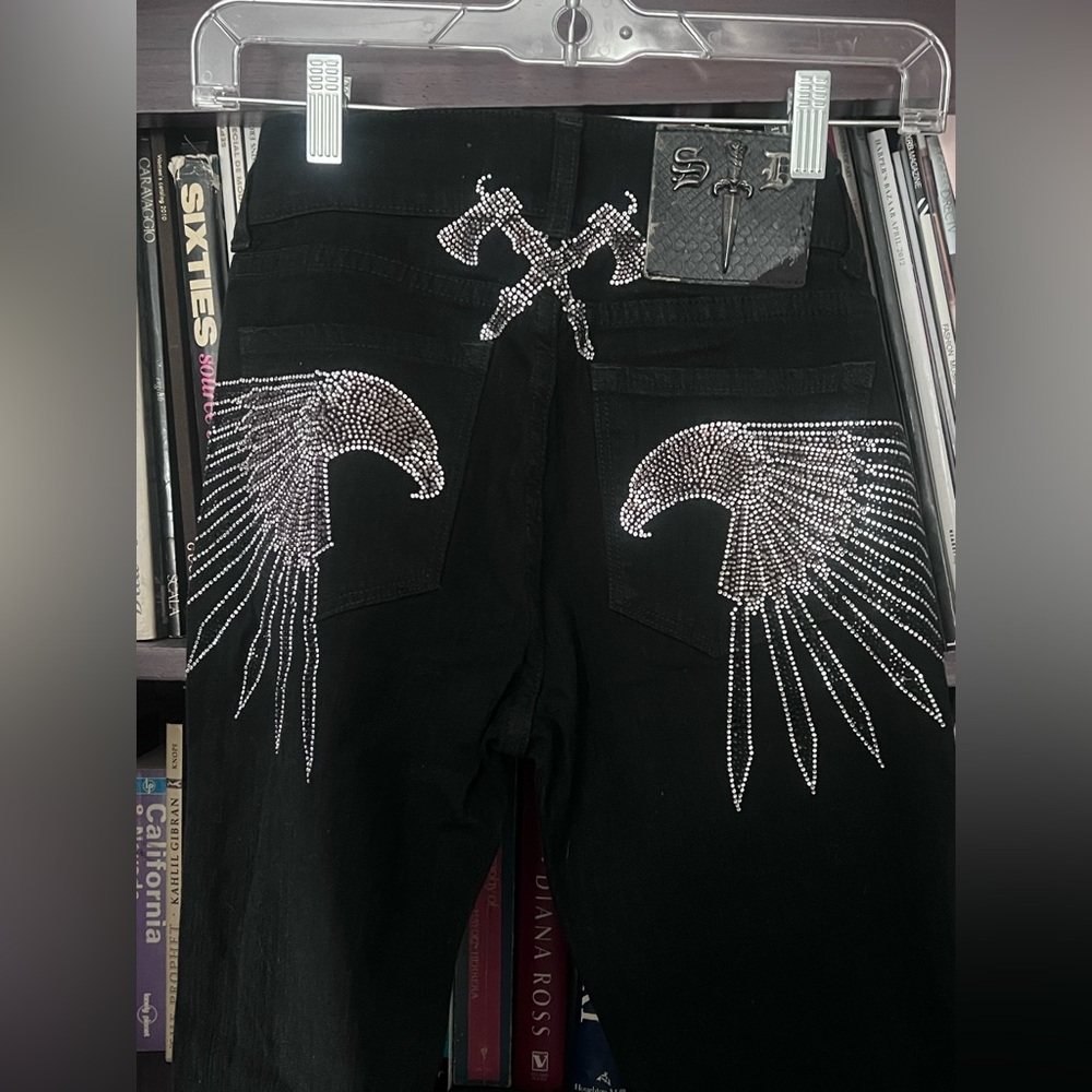 Deadstock silver dagger
 Black Jeans with White studded eagle Detailing